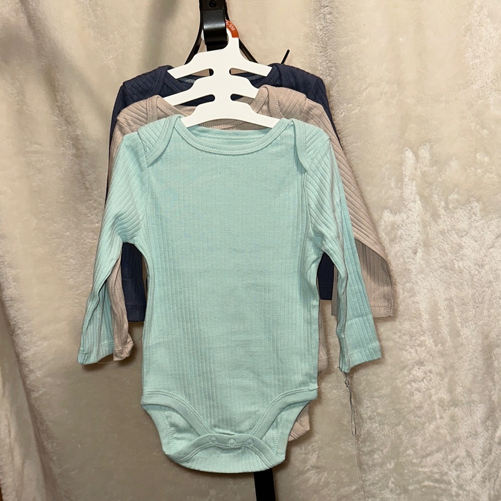 3 pack Long Sleeve Baby Bodysuit Set - Blue, Beige, Navy